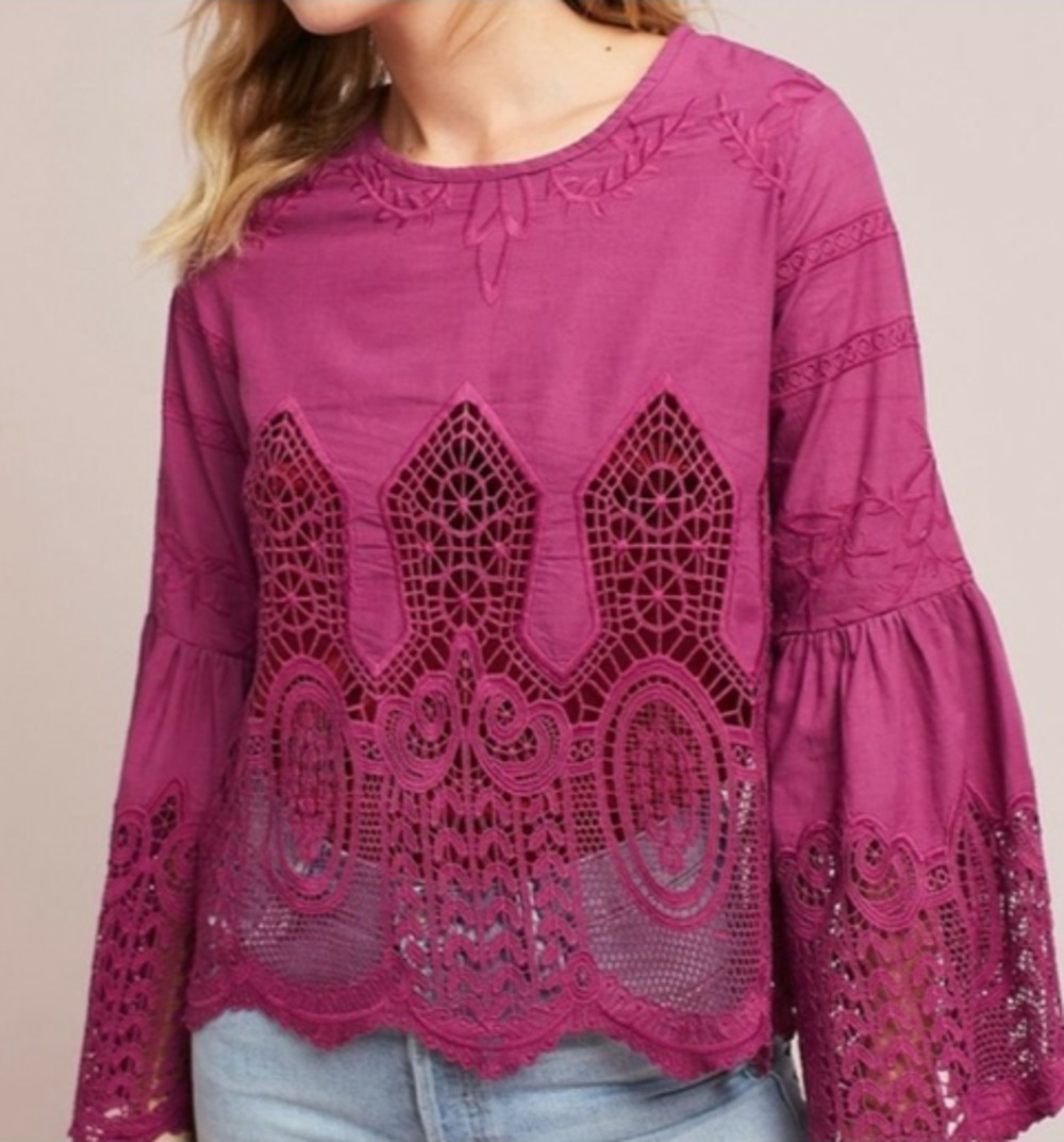Anthropologie Chloe Oliver Lace Embroidered Blouse, Size L 8-12